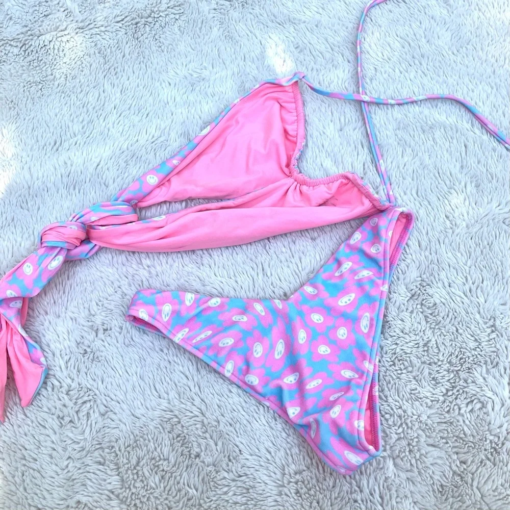 Frankie’s Bikinis Bash Terry Halter Top Floral Terry Bottoms Smiley Sz Large